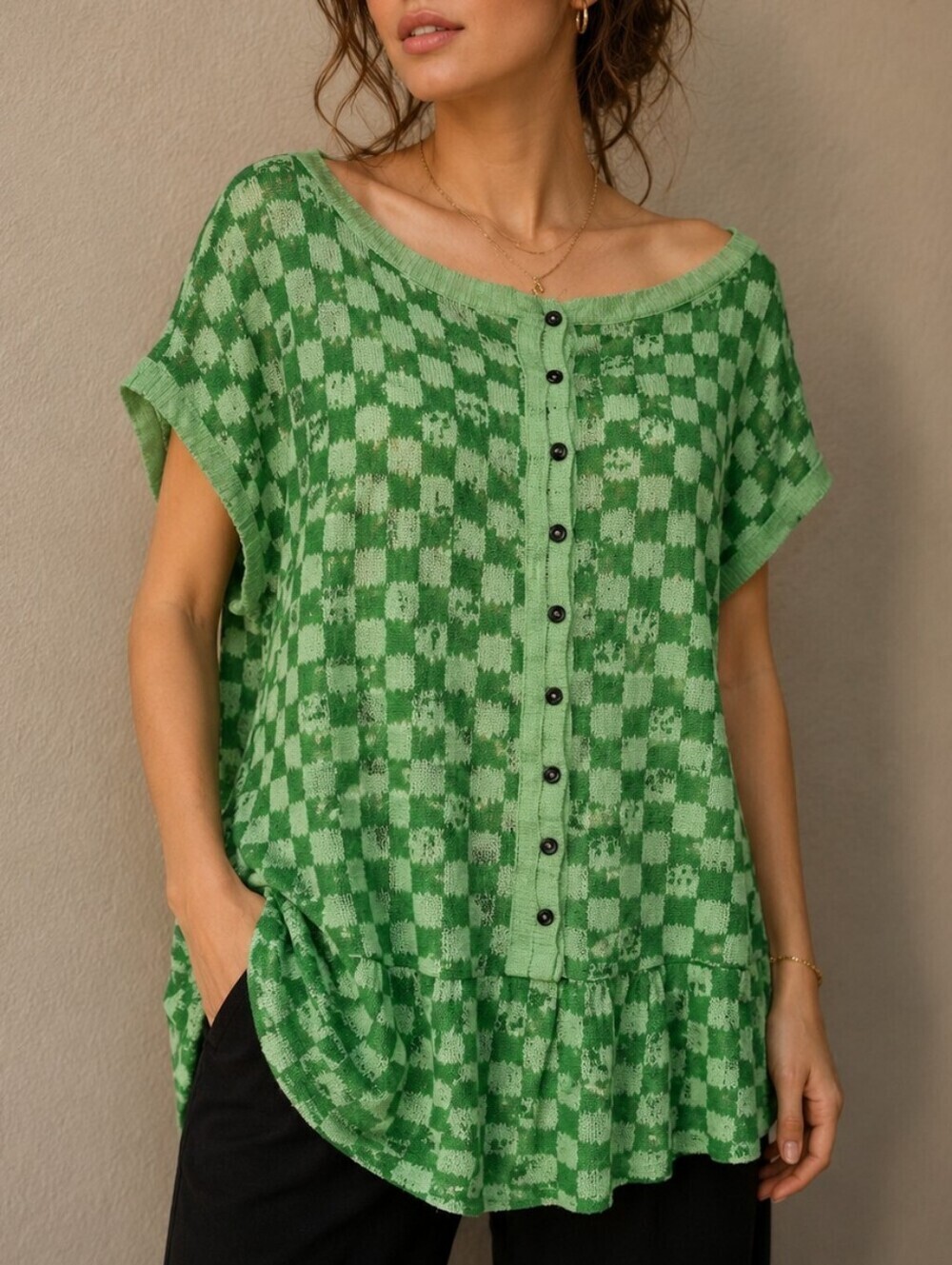 FREE PEOPLE Green Checkered In A Daze Oversized Festival Tunic